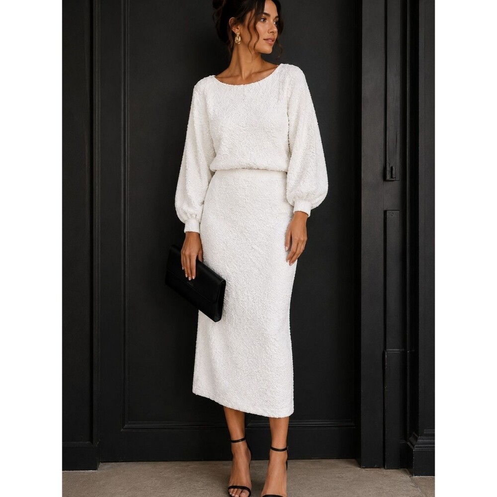 MEROKEETY Fall Fuzzy Crew Neck Pullover Top And Maxi Skirt Set - NWT